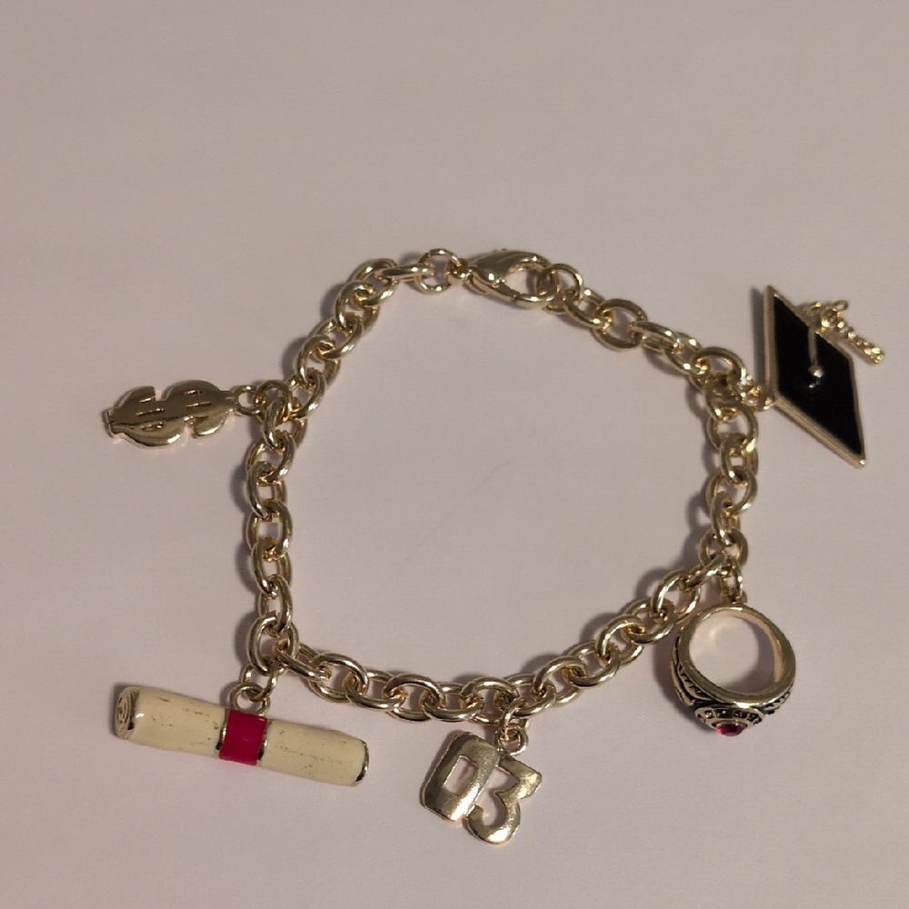 Vintage Gold Graduation 03 Charm Bracelet With Class Ring Diploma Cap Money Sign